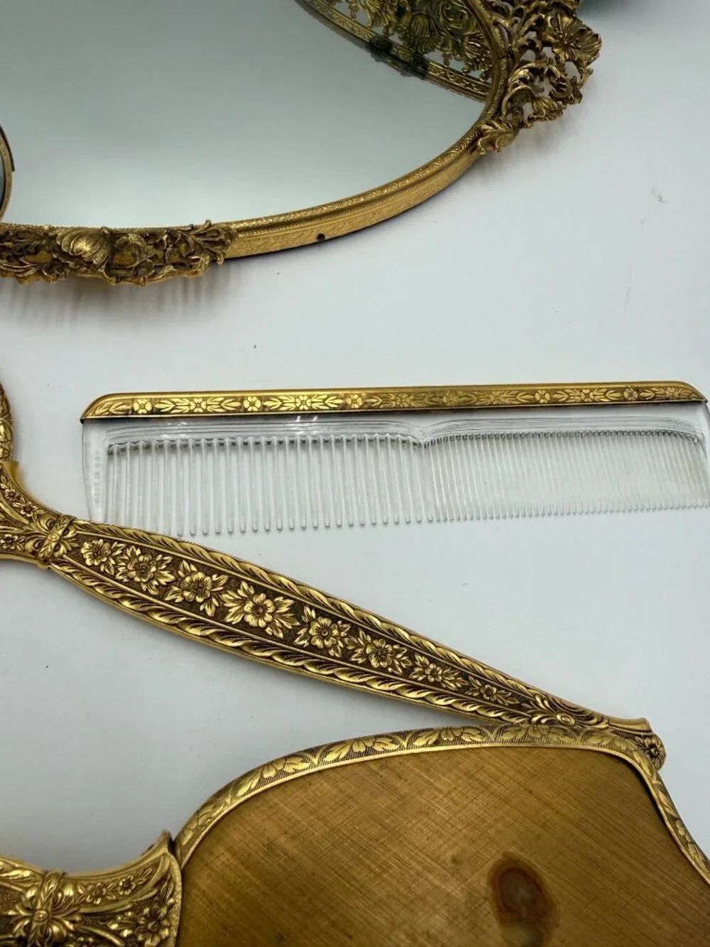 Vintage Gold Vanity Set With Hand Mirror Comb Brush Tray Jewelry Box & Small Fra